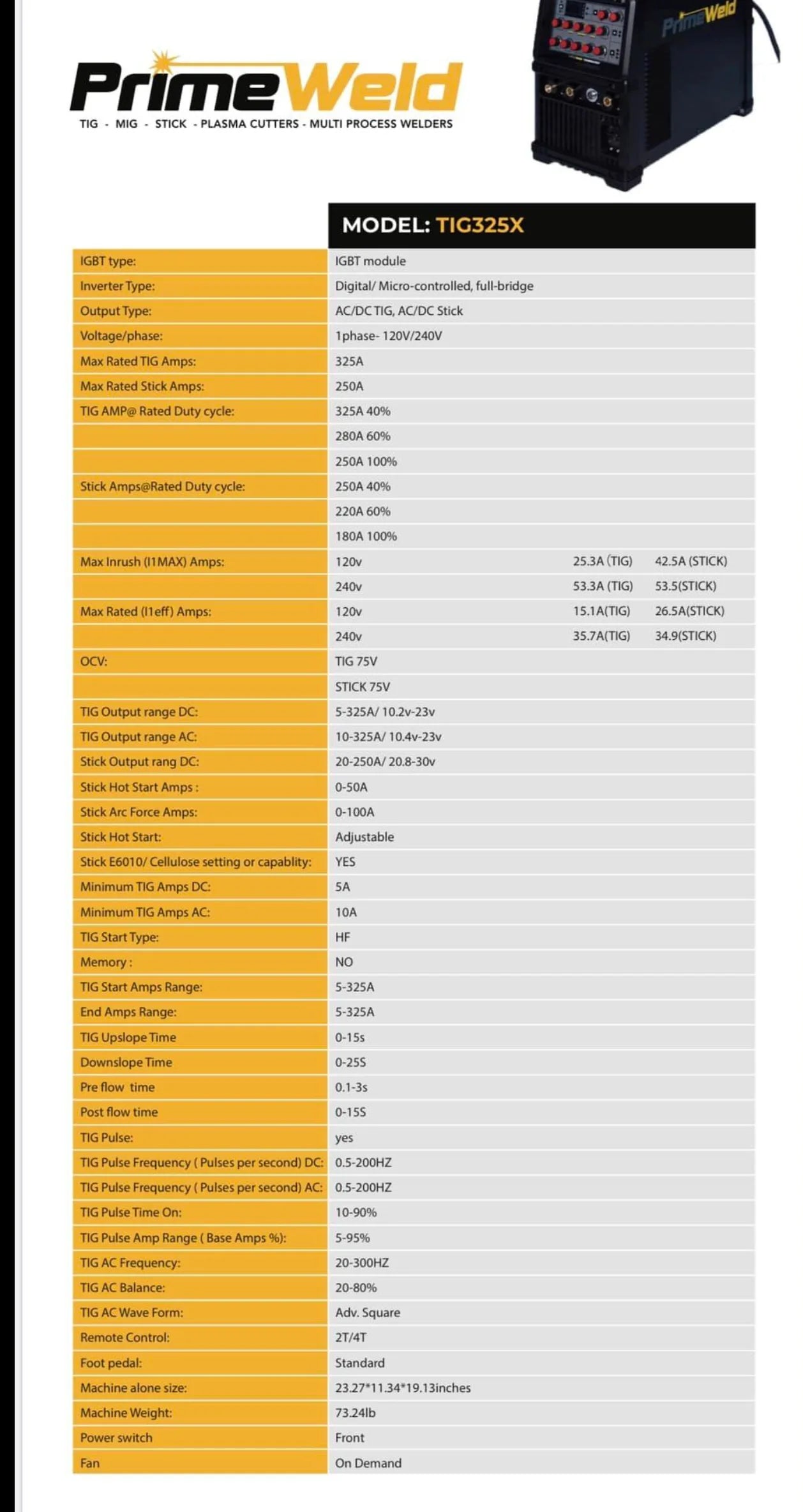 PrimeWeld TIG325X AC/DC TIG Welder With Foot Pedal