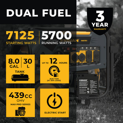FIRMAN® Dual Fuel Portable Generator 5700W Electric Start 120/240V #H05751