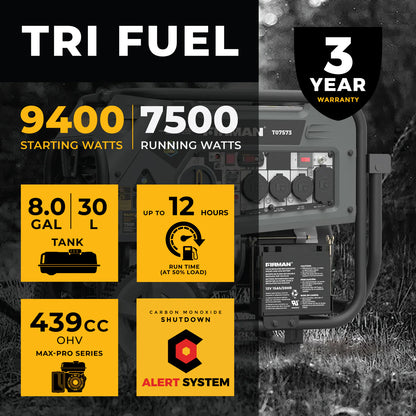 FIRMAN® Tri Fuel Portable Generator 9400W Electric Start 120/240V with CO Alert #T07573