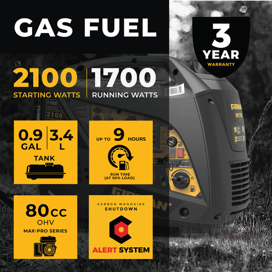 FIRMAN® Inverter Portable Generator 2100W Recoil Start with CO Alert #W01785